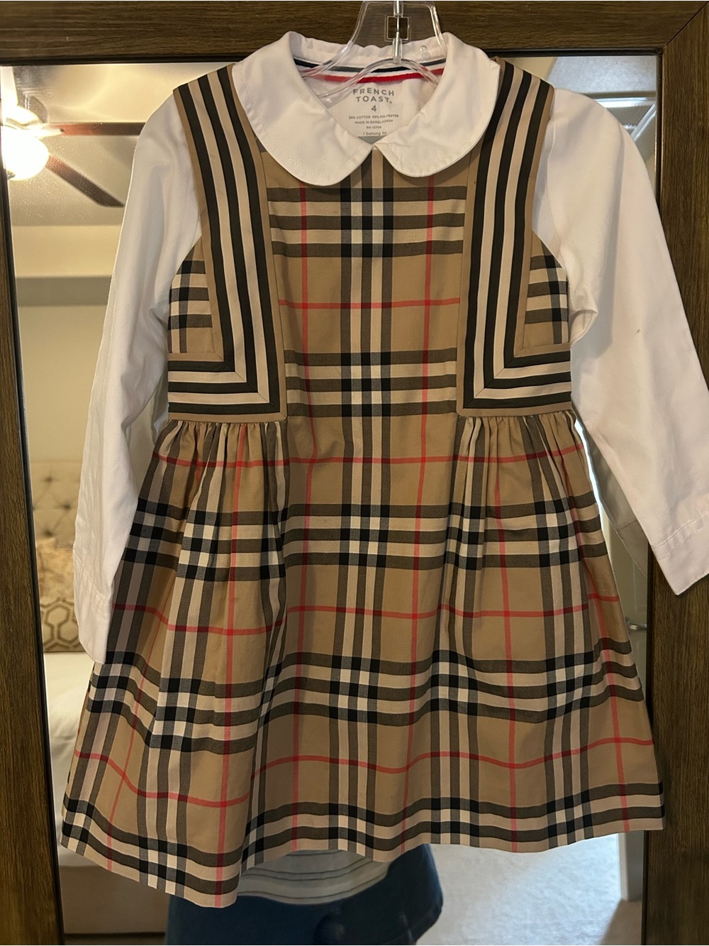 Burberry Girls Beige Nova Check Pinafore Dress with White Blouse size 4